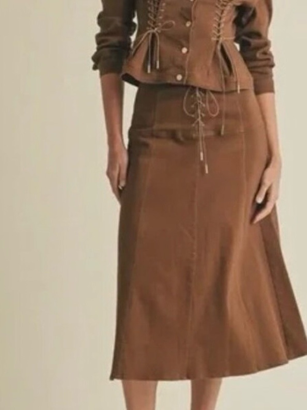 NWT E B Luxe Los Angeles Corset Tie front | Jean stretch midi Skirt Sz M
